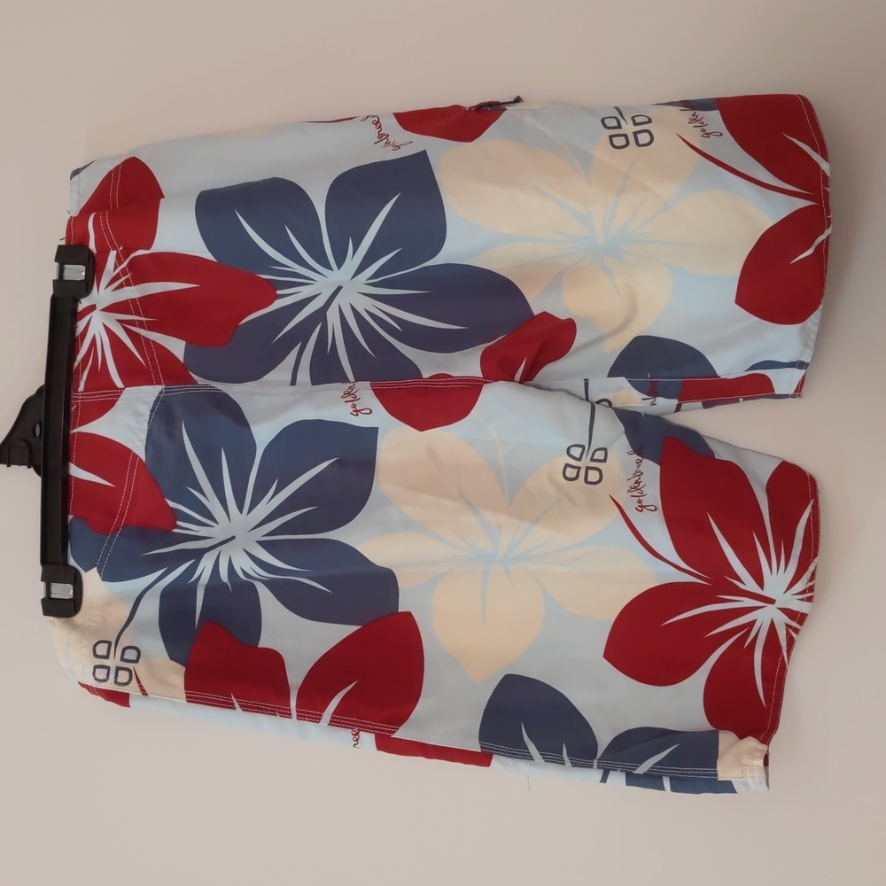 Golden Breed Men Board Shorts Size 92 Blue Red Hawaiian Print Pocket Hook & Loop - Picture 7 of 11